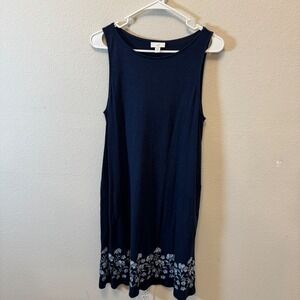 J Jill‎ Navy Blue Sleeveless Dress with Embroidered Floral Hem Size Small